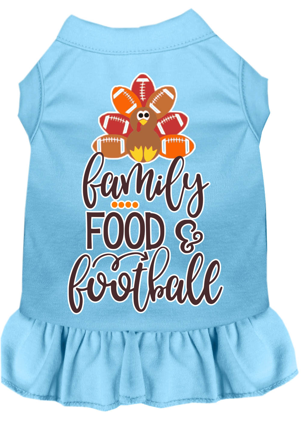 Family, Food, and Football Screen Print Dog Dress Baby Blue 4X